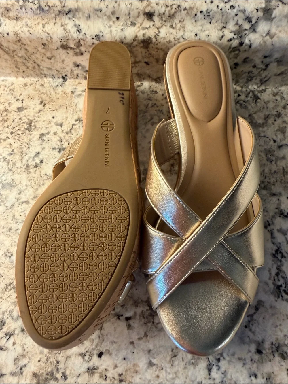 Metallic Gold Cork Wedge Slide Sandals - Cross Strap Comfort